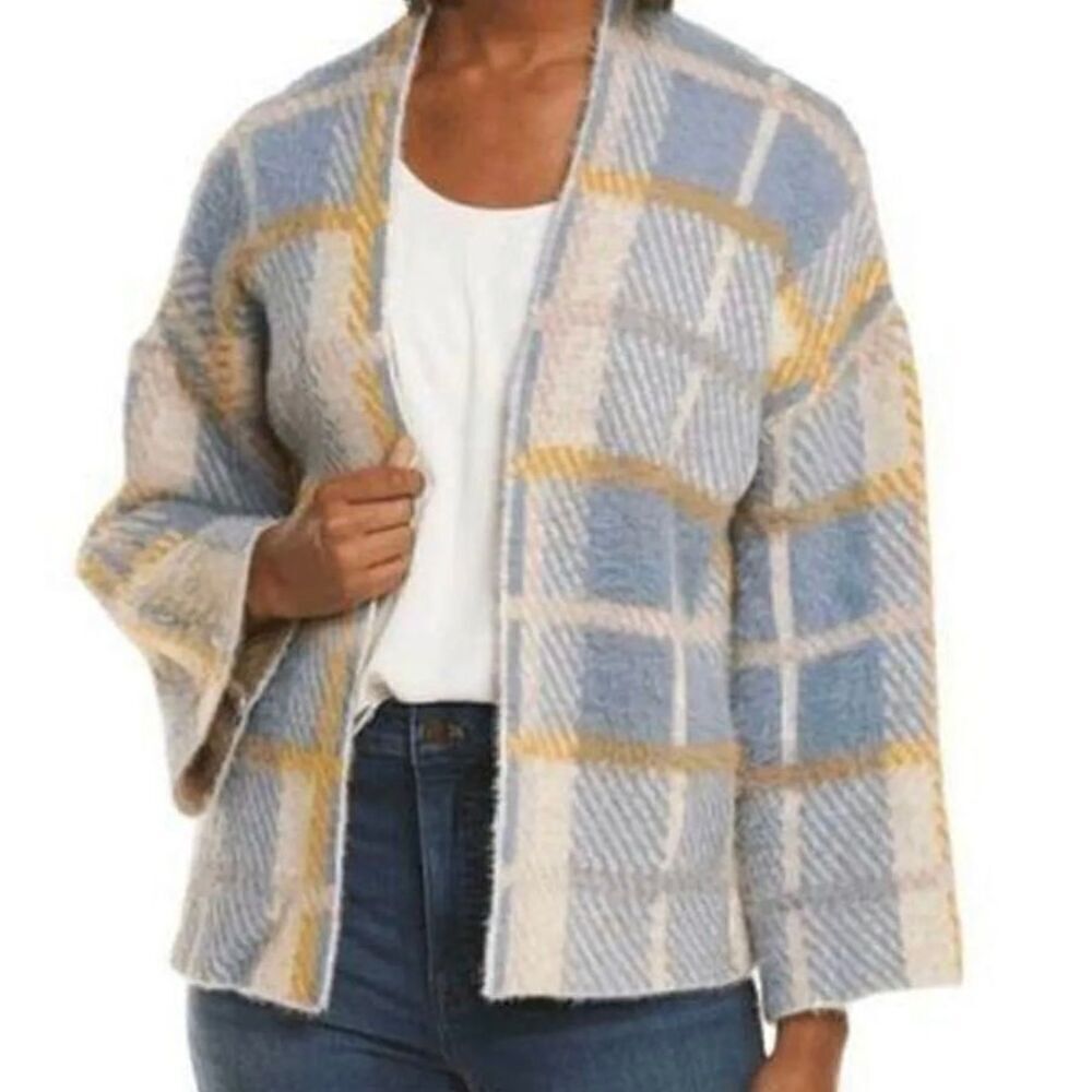 Rain + Rose Soft Textured Plaid Open Front Cardigan